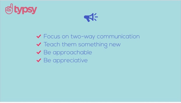 Blue text on a turquoise background lists 4 effective ways to communicate with staff. The red Typsy logo is in the upper left hand corner of the image.