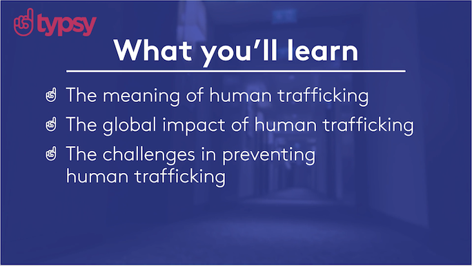 A list in white text on a blue background outlining what you'll learn in a webinar on human trafficking.