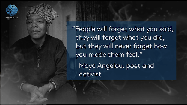 Maya Angelou appears in a black and white photo with white text on a blue background in the right hand side of the image.