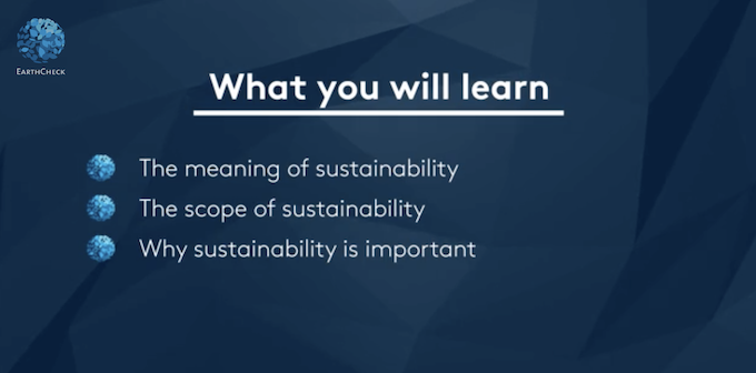 White text on dark blue graphic explaining what you will learn in this training on sustainability.